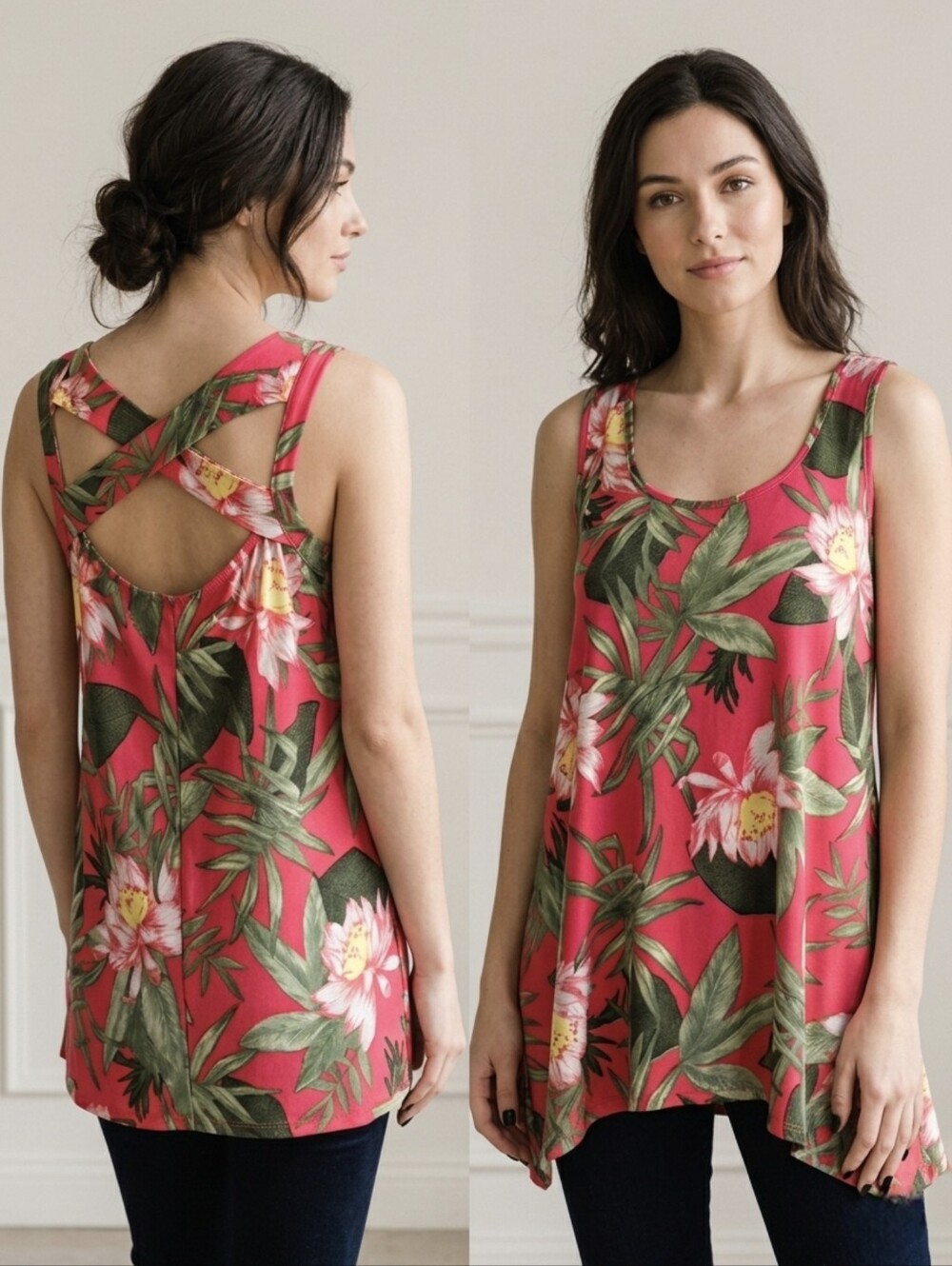 Lily Morgan pink Tropical Floral Criss-Cross Back Tank Top, Size Medium